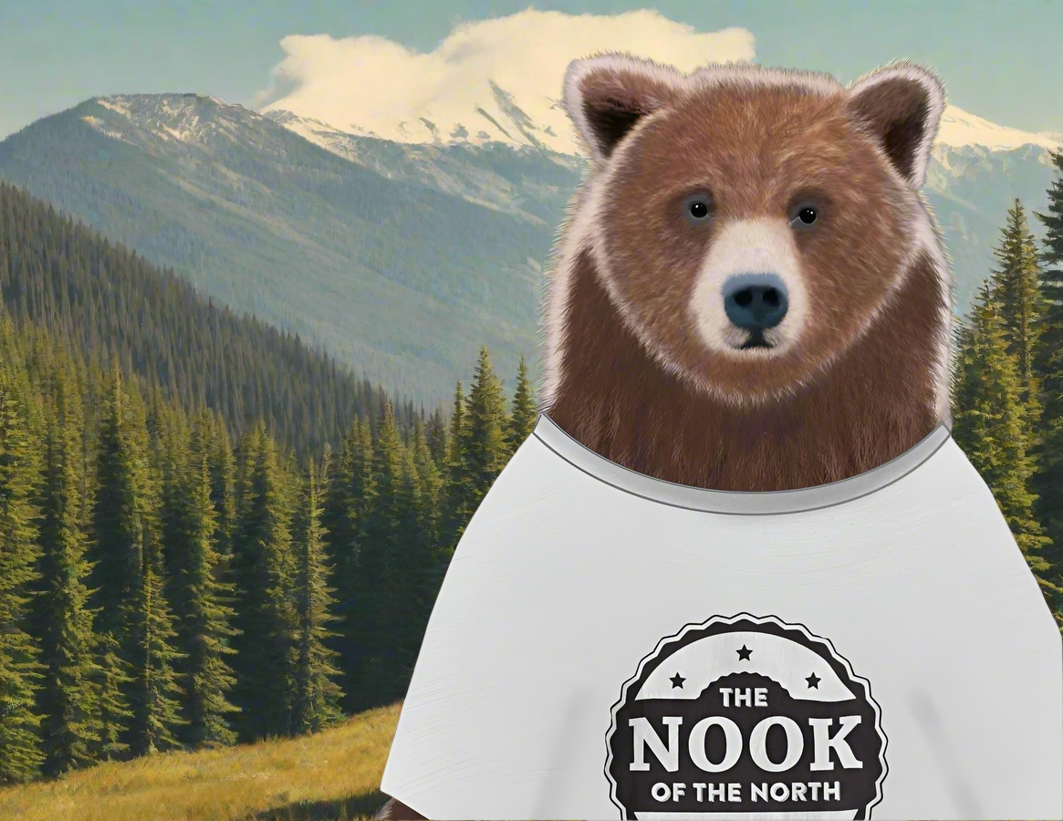 Whimsical painting of bear in Whistler logo tee – forest and mountain background