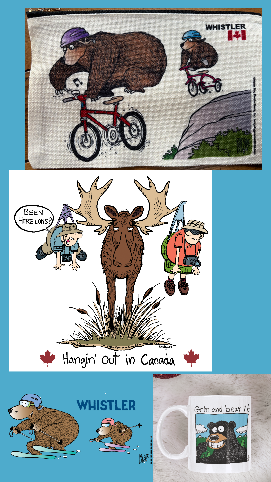 Collage of Whistler Cartoonist Society illustrations featuring cartoon bears and moose