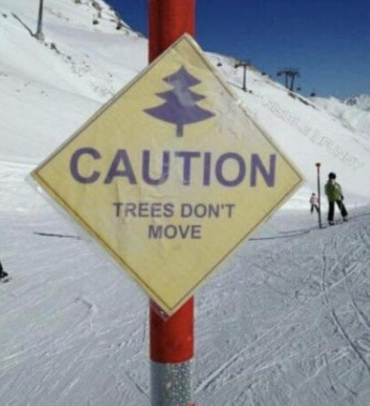 Funny ski trail sign: ‘Caution – trees don’t move