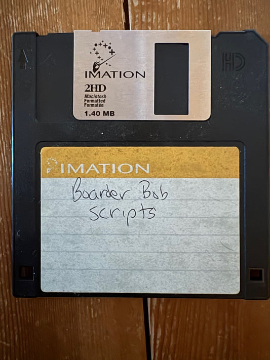 Boarder Bob original scripts saved on 3.5 inch floppy disk from mid 1990s Whistler snowboarding comic