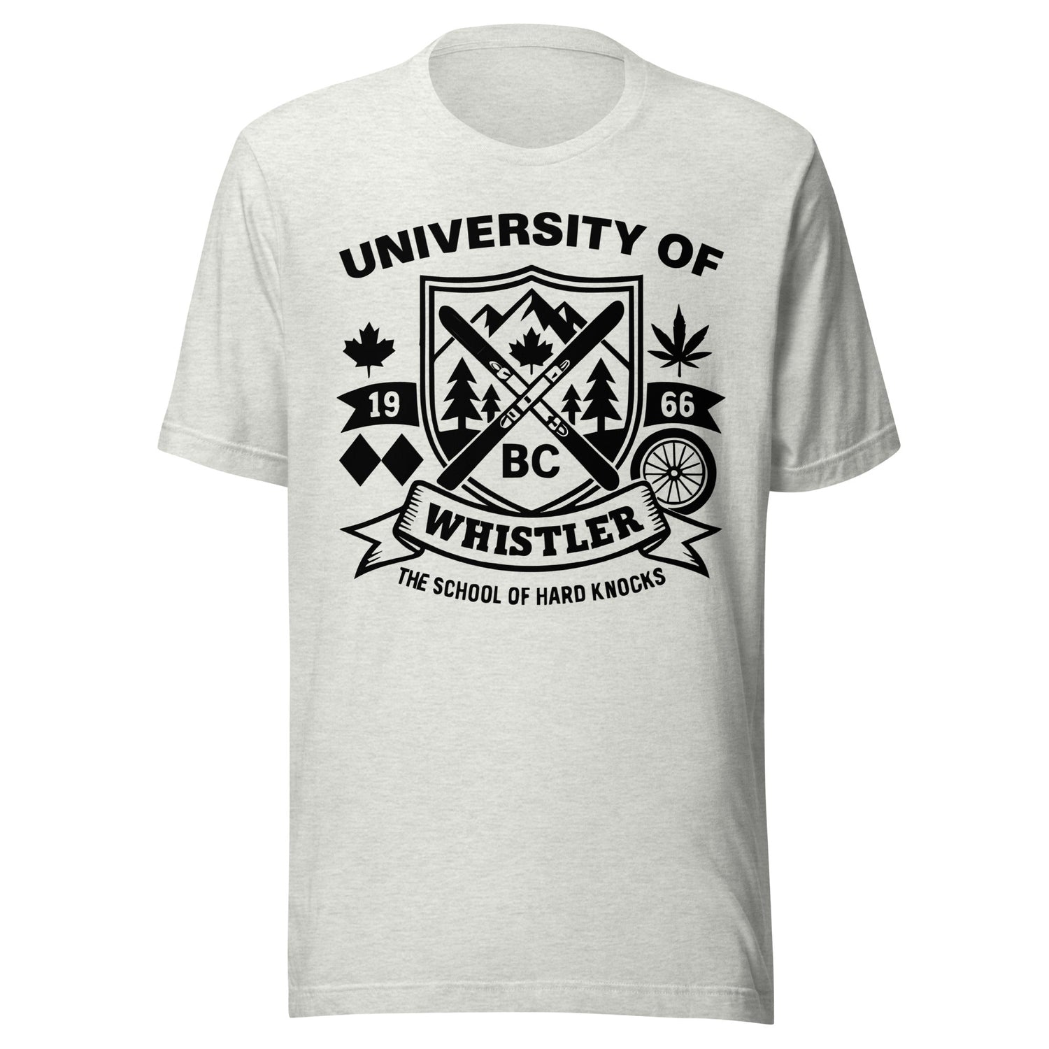 T-shirt featuring University of Whistler logo – parody mountain school design