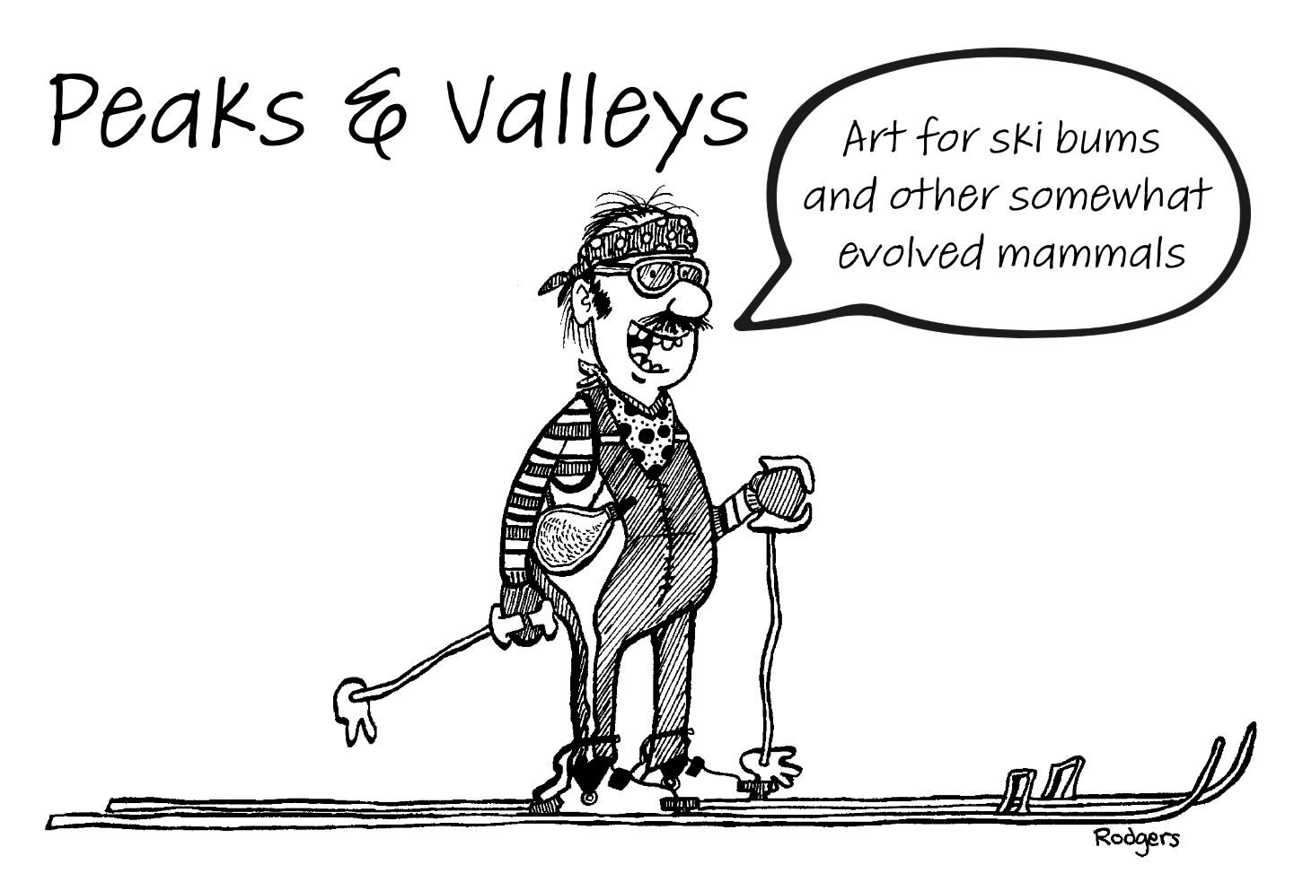 Cartoon skier with a speech bubble and text 'Peaks & Valleys' on a white background